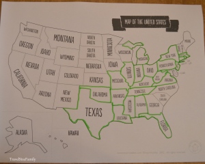 The states we've been to in 2013 are highlighted in green. Map courtesy of Mr. Printable. 